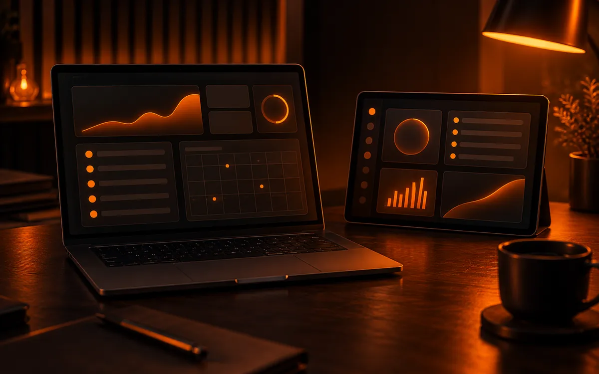 The AI Growth Command Center workspace: session notes, a daily checklist and a 30-day plan on a laptop and tablet